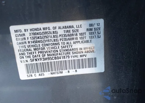 2012 Honda Pilot Touring z USA, uszkodzony, nr VIN 5FNYF3H95CB041879